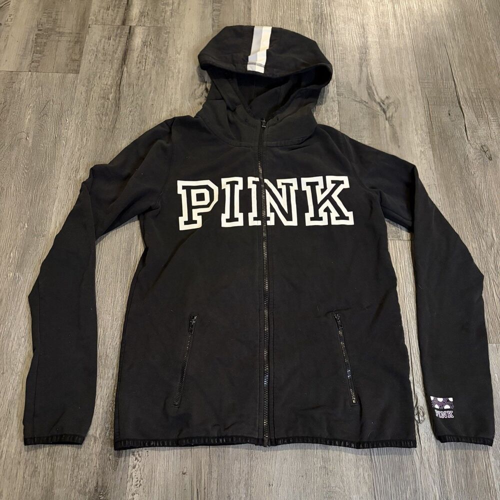 Victorias Secret Pink Womens Black Logo Long Sleeve Full Zip Hoodie Size Medium